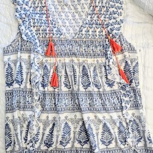 Tribal Blue and White Floral Blouse with Red Tassels